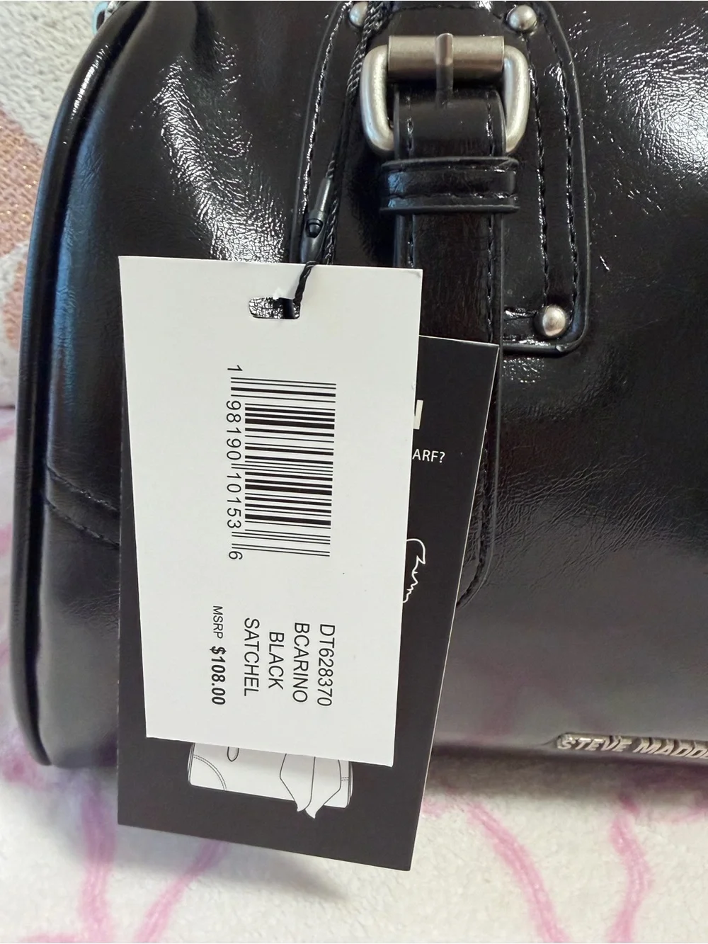 Steve Madden Black Patent Leather Satchel with Leopard Scarf
